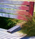 Rustic Barnwood Bench with Red Paint Beside Green