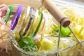 A rustic basket with Easter eggs on a wooden windowsill bathed in sunlight. Above view. Easter decor Royalty Free Stock Photo