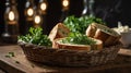 Garlic Bread Slices Topped with Fresh Parsley in Wicker Basket for Delicious Appetizer Royalty Free Stock Photo