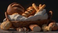 A rustic basket of fresh baked French bread generated by AI Royalty Free Stock Photo