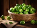rustic basket with fresh brussels sprouts on wooden table