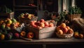 Rustic basket of fresh organic autumn fruit generated by AI