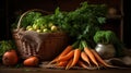 Rustic basket of freshly picked carrots on earthy soil background, canon 5d mark iv f5.6 shot