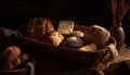 Rustic basket holds fresh organic bread variations generated by AI Royalty Free Stock Photo