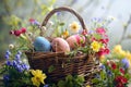 Rustic basket holds vibrant Easter eggs and spring flowers beautifully Royalty Free Stock Photo