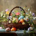 Rustic basket holds vibrant Easter eggs and spring flowers beautifully Royalty Free Stock Photo