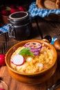 Rustic Bavarian obazda with radishes and onions