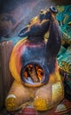 Rustic bear smoking pipe chiminea with fire in belly in front of stacked pinon wood with smoke surrounding head