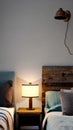 A rustic bedroom with a bed, a nightstand, and a lamp illustration Artificial Intelligence artwork generated