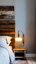 A rustic bedroom with a bed, a nightstand, and a lamp illustration Artificial Intelligence artwork generated