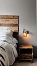 A rustic bedroom with a bed, a nightstand, and a lamp illustration Artificial Intelligence artwork generated