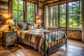 Rustic Bedroom with a Wrought Iron Bed Frame and Cozy Decor Royalty Free Stock Photo