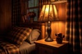 rustic bedside lamp in a cozy cabin setting