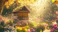 A rustic beehive surrounded by buzzing bees in a flower-filled garden Royalty Free Stock Photo