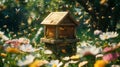 A rustic beehive surrounded by buzzing bees in a flower-filled garden Royalty Free Stock Photo