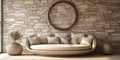 Rustic beige fabric sofa near stone cladding wall with decorative round composition, stone in circle frame. Interior design