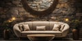 Rustic beige fabric sofa near stone cladding wall with decorative round composition, stone in circle frame. Interior design