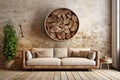Rustic beige fabric sofa near stone cladding wall with decorative round composition, stone in circle frame. Interior design of
