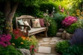 Rustic Bench in Tranquil English Garden: A Close-Up Amid Nature\'s Beauty Royalty Free Stock Photo