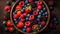 Rustic berry bowl, fresh fruit abundance on wood generated by AI