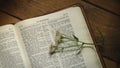 Rustic Bible on a Wooden Background with Flowers