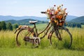 rustic bicycle decorated with flowers in a field Royalty Free Stock Photo