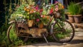 A rustic bicycle wheel adorned with colorful flower pots outdoors generated by AI