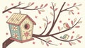 Rustic Birdhouse on Bare Branch Visited by Small, Friendly Birds, vector design Generative AI Royalty Free Stock Photo