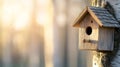 Rustic birdhouse with shingled roof hangs from birch tree against a diffused morning light background Royalty Free Stock Photo