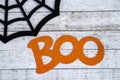 Rustic black spiderweb and Boo phrase Halloween background concept Royalty Free Stock Photo