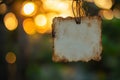 Rustic Blank Paper Tag Hanging with String and Bokeh Background Royalty Free Stock Photo