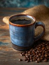 Rustic blue ceramic mug filled with steaming black coffee, surrounded by roasted beans and a burlap cloth on a wooden surface Royalty Free Stock Photo