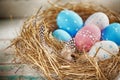 Rustic Blue, Red and White Egg in the Hay Nest