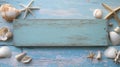 Seashells and starfish on weathered blue wood. AI Generated Royalty Free Stock Photo