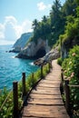 Rustic boardwalk meanders to hidden cove with cliffs , ocean, discovery, nature Royalty Free Stock Photo