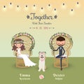 Rustic bohemian cartoon couple wedding invitation card with dog