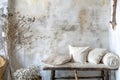 Rustic Boho Farmhouse Living Room with Tree Trunk Bench, Stucco Wall, and Twig Decor. Concept Boho Royalty Free Stock Photo