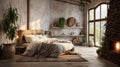 Rustic, boho interior design of modern bedroom in farmhouse