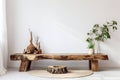 Rustic Boho Living Room: Wooden Slab Bench in Farmhouse Design. Generative ai