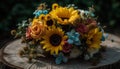 A rustic bouquet of multi colored sunflowers and gerbera daisies generated by AI