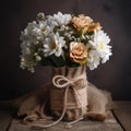 Rustic bouquet with burlap and lace accents. Mother\'s Day Flowers Design concept Royalty Free Stock Photo