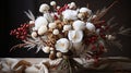 Rustic bouquet of pine branches berries and cotton stems