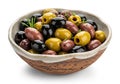 A rustic bowl containing a variety of olives with different colorsâ Royalty Free Stock Photo