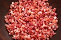 Rustic bowl of diced Spanish jamon meat. Cured serrano ham. Typical mediterranean ingredient