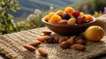 Delicious Mix of Dried Fruits and Almonds in Wooden Bowl Royalty Free Stock Photo