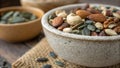 Rustic Bowl Filled with Mixed Healthy Nuts and Seeds on Wood Royalty Free Stock Photo