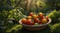 Freshly Picked Heirloom Tomatoes in a Rustic Bowl Bathed in Golden Sunlight Royalty Free Stock Photo