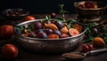 Rustic bowl of fresh organic autumn fruit generated by AI