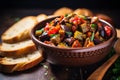 A rustic bowl of Italian caponata with crusty bread, mediterranean food life style Authentic