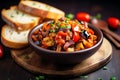 A rustic bowl of Italian caponata with crusty bread, mediterranean food life style Authentic